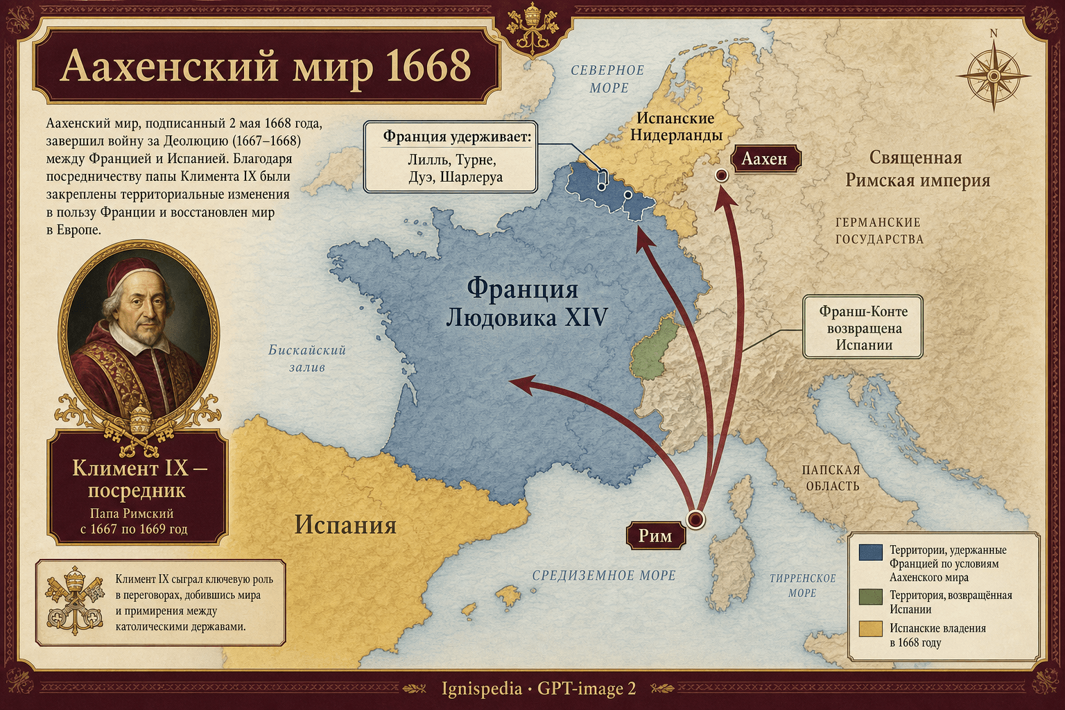 Карта-инфографика посредничества Климента IX при Аахенском мирном договоре 1668 года между Францией и Испанией
