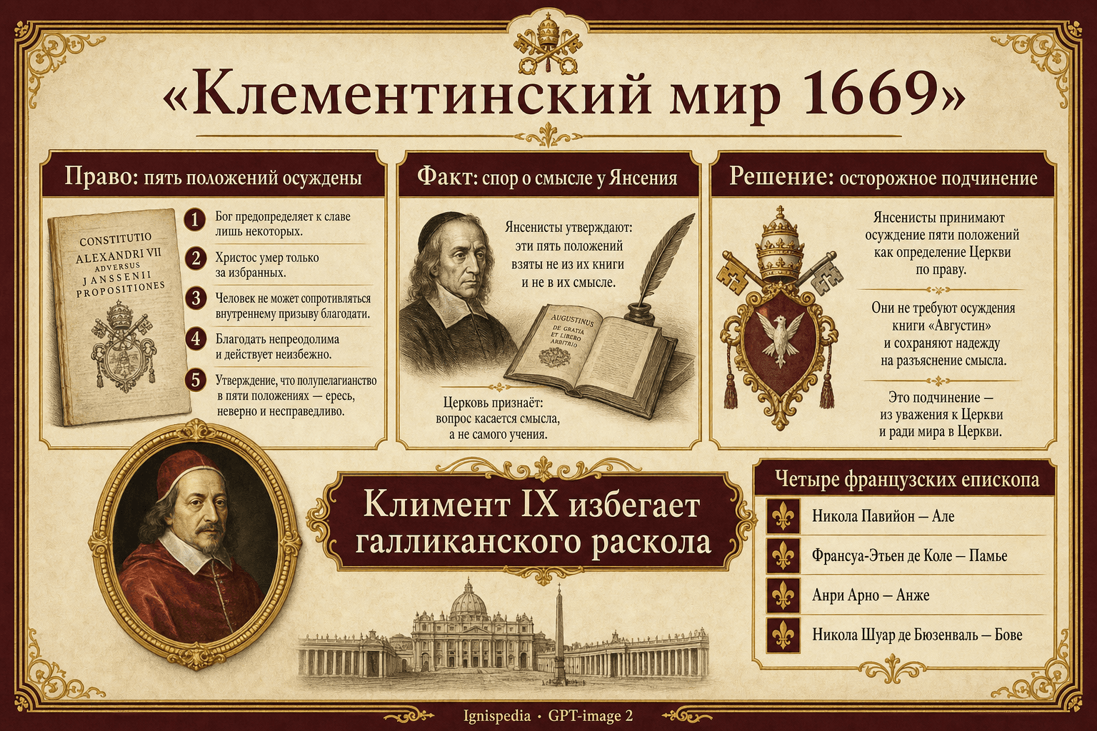 Инфографика о Клементинском мире 1669 года, различении права и факта и четырех французских епископах