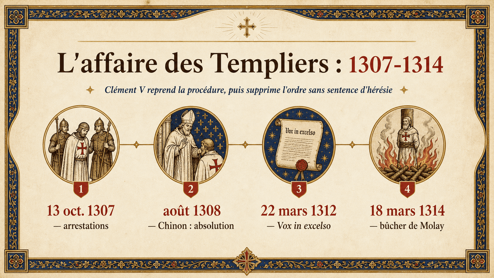 Frise infographique de l'affaire des Templiers de 1307 à 1314