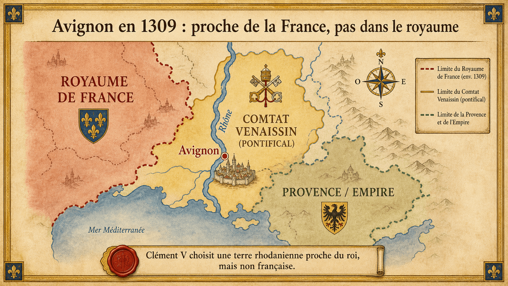 Carte infographique montrant Avignon en 1309 près du royaume de France mais hors du royaume