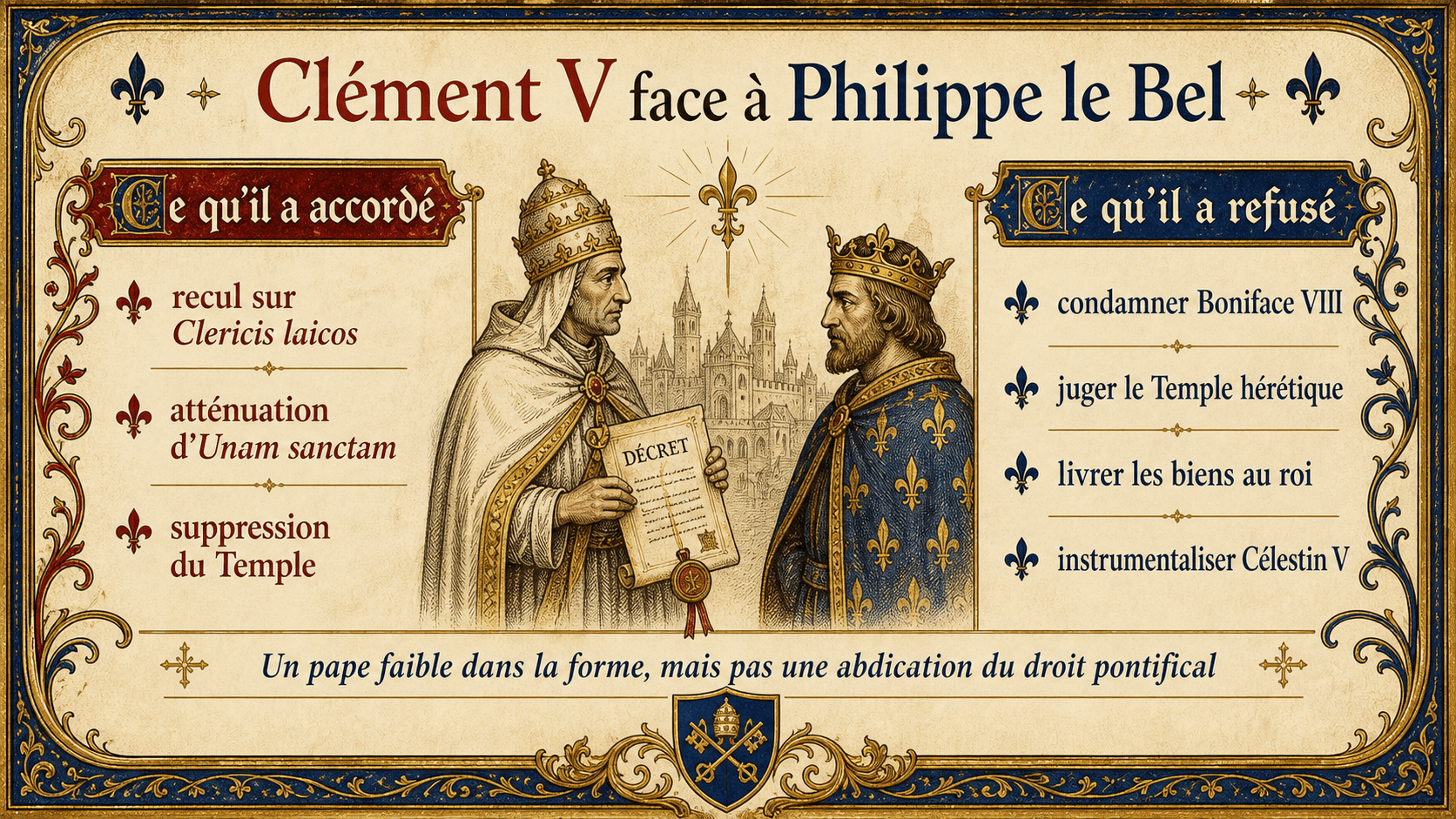 Infographie comparant ce que Clément V a accordé et refusé à Philippe le Bel