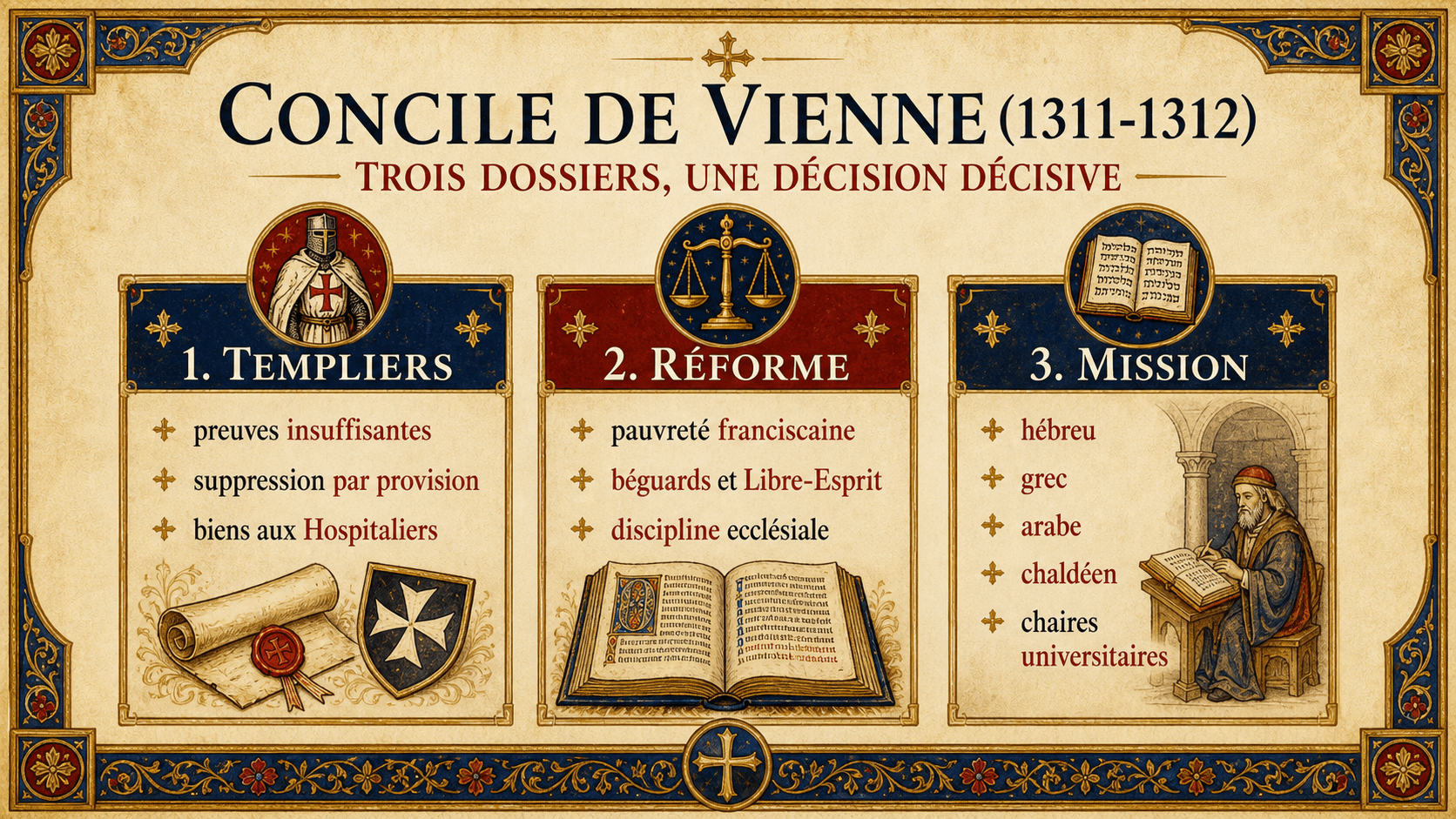 Infographie sur les trois grands dossiers du concile de Vienne