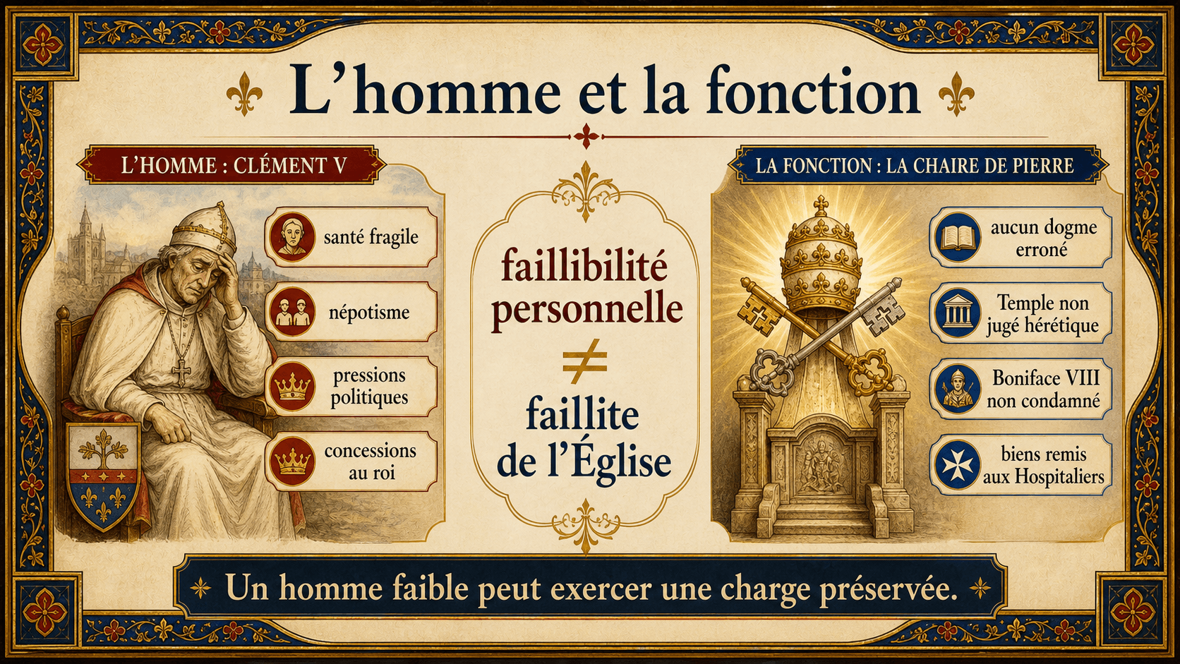 Infographie distinguant les faiblesses personnelles de Clément V et la préservation de la fonction pontificale