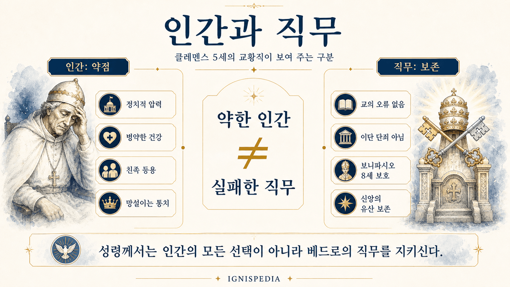클레멘스 5세의 개인적 약점과 교황직 보존을 구분한 인포그래픽