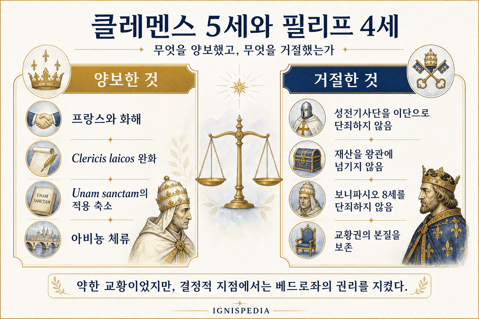 클레멘스 5세가 필리프 4세에게 허락한 것과 거부한 것을 비교한 인포그래픽