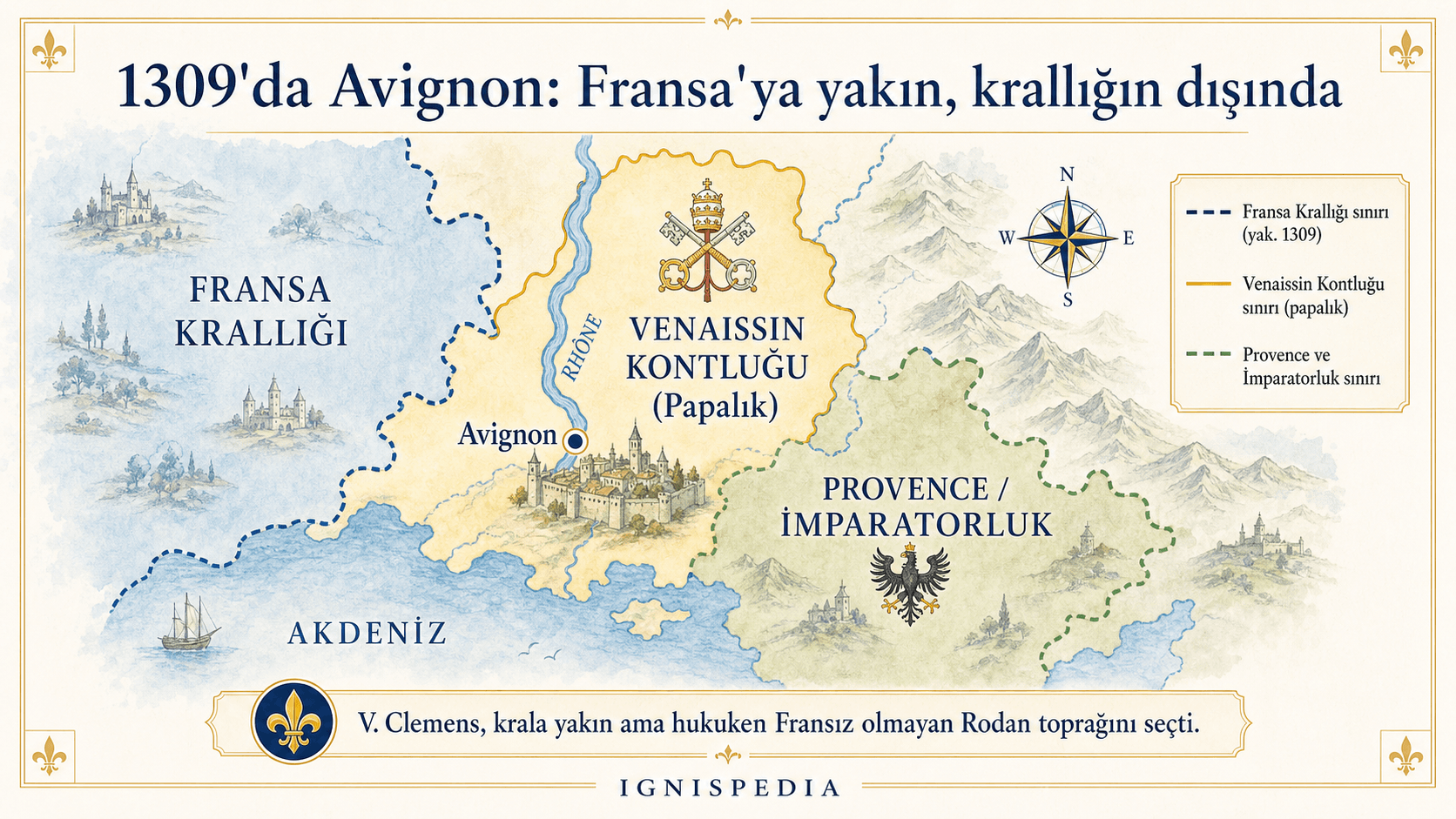1309’da Avignon’un Fransa krallığı yakınında ama krallık dışında olduğunu gösteren bilgi grafiği haritası