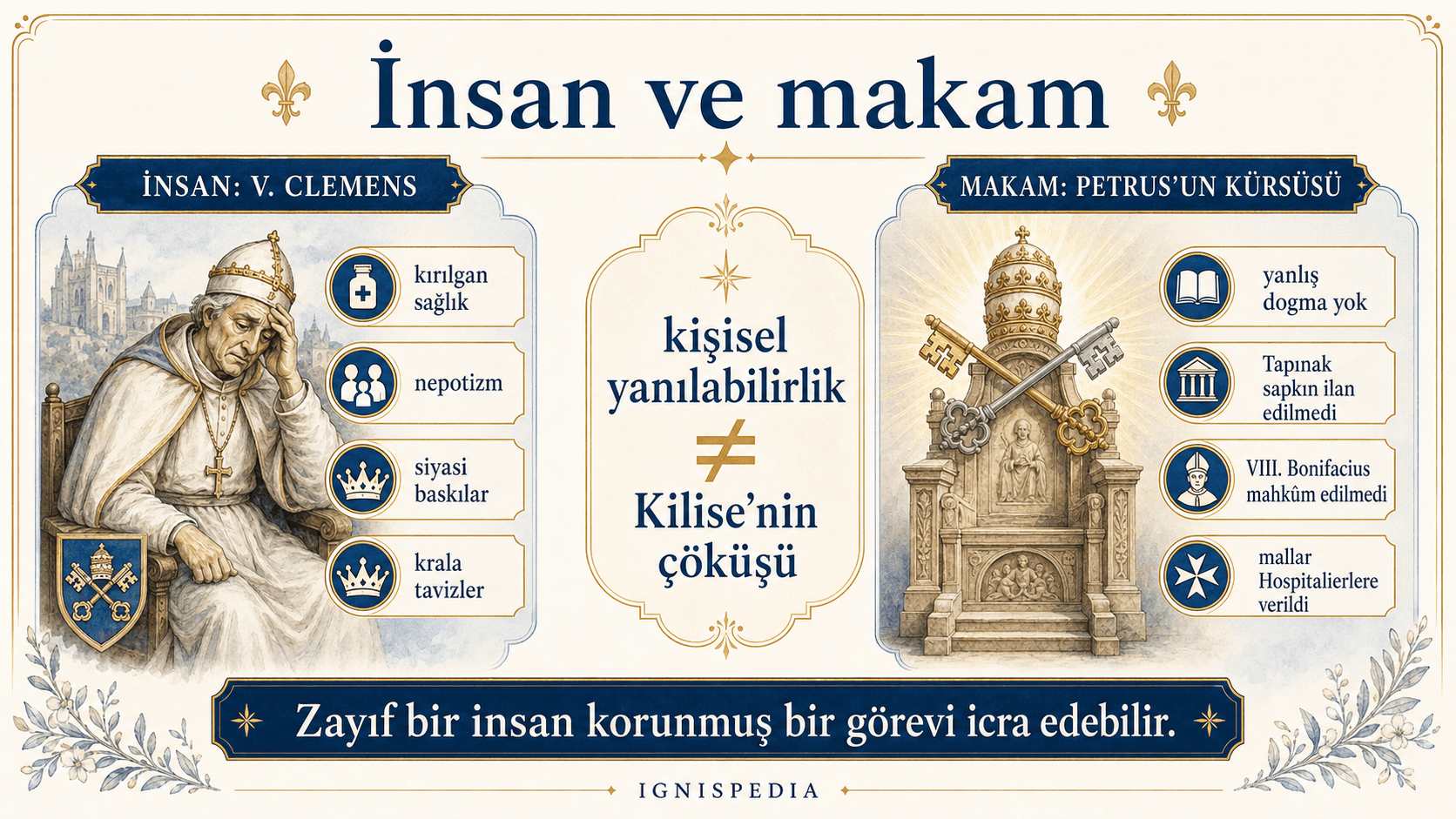 Papa V. Clemens V'nin kişisel zayıflıkları ile papalık görevini korumasını ayıran infografik