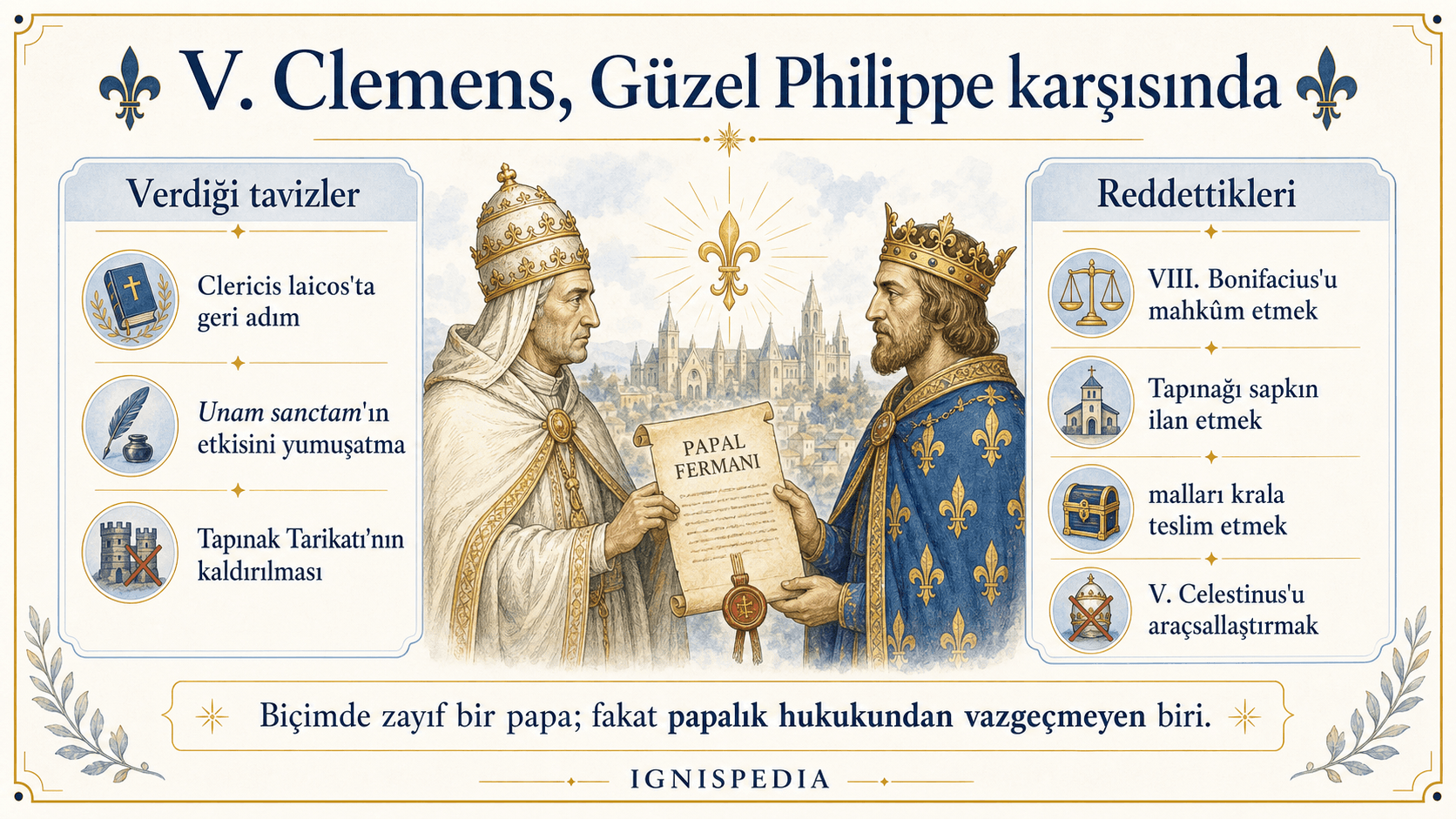 Clément V'nin IV. Philippe le Bel'e verdiği ve reddettiği talepleri karşılaştıran infografik