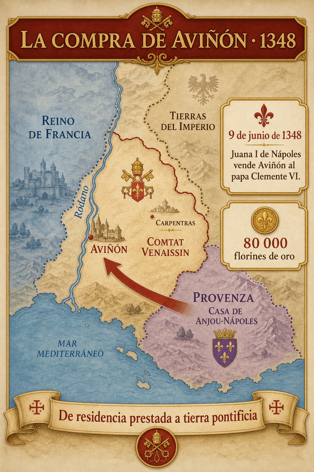 Mapa infográfico de la compra de Aviñón por Clemente VI en 1348