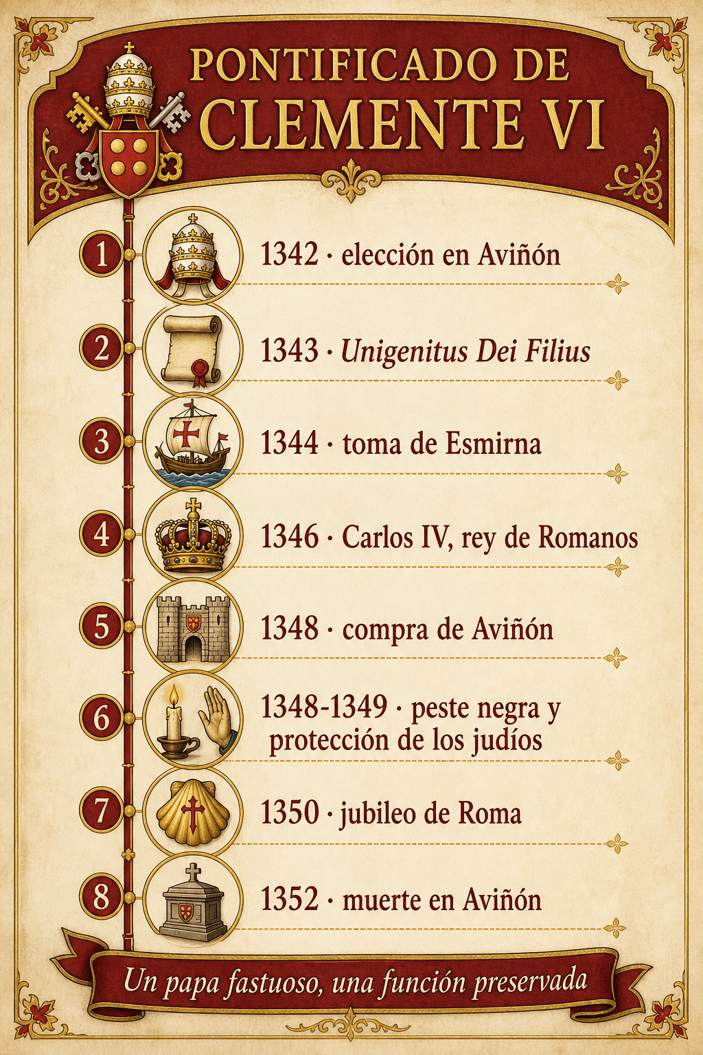 Friso infográfico del pontificado de Clemente VI de 1342 a 1352