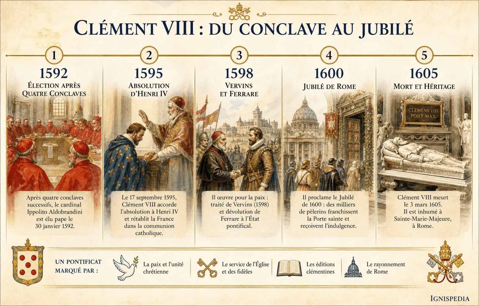 Frise illustrée du pontificat de Clément VIII, de l'élection de 1592 au jubilé de 1600 et à la mort de 1605