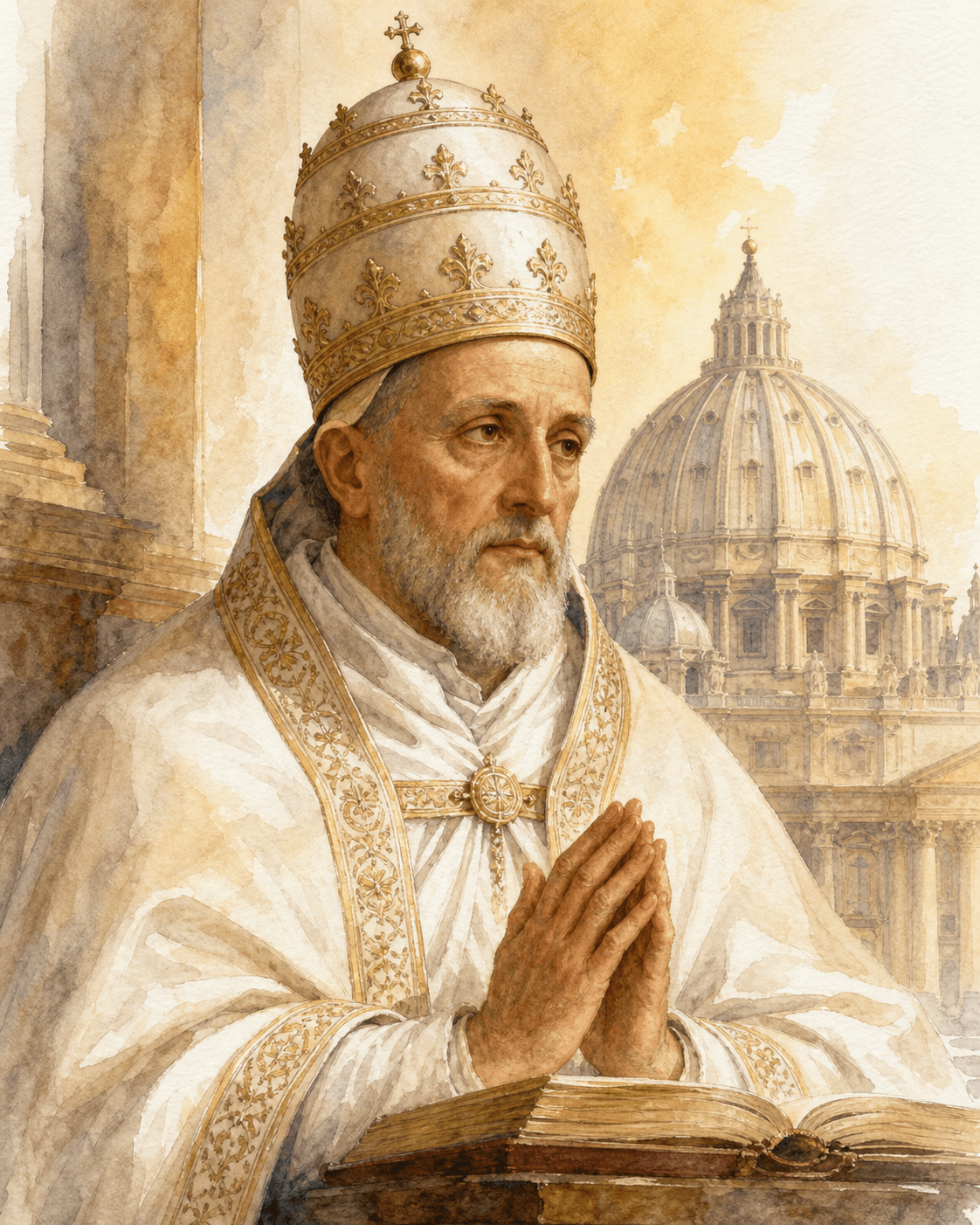 Watercolor illustration of Pope Clement VIII (Ippolito Aldobrandini), wearing tiara and cope, in prayer
