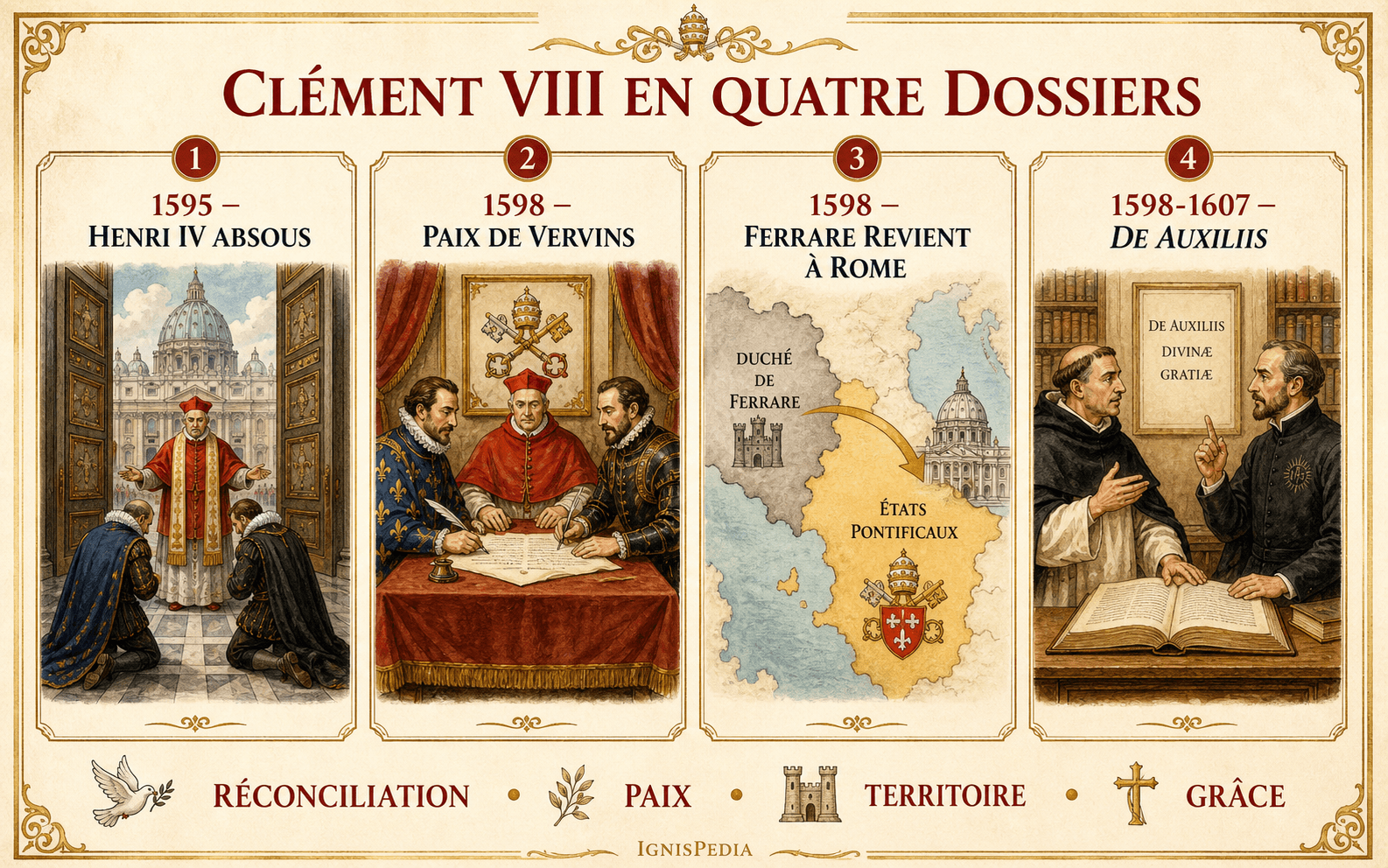 Infographie présentant les quatre grands dossiers du pontificat de Clément VIII : absolution d'Henri IV, paix de Vervins, dévolution de Ferrare et controverse De Auxiliis