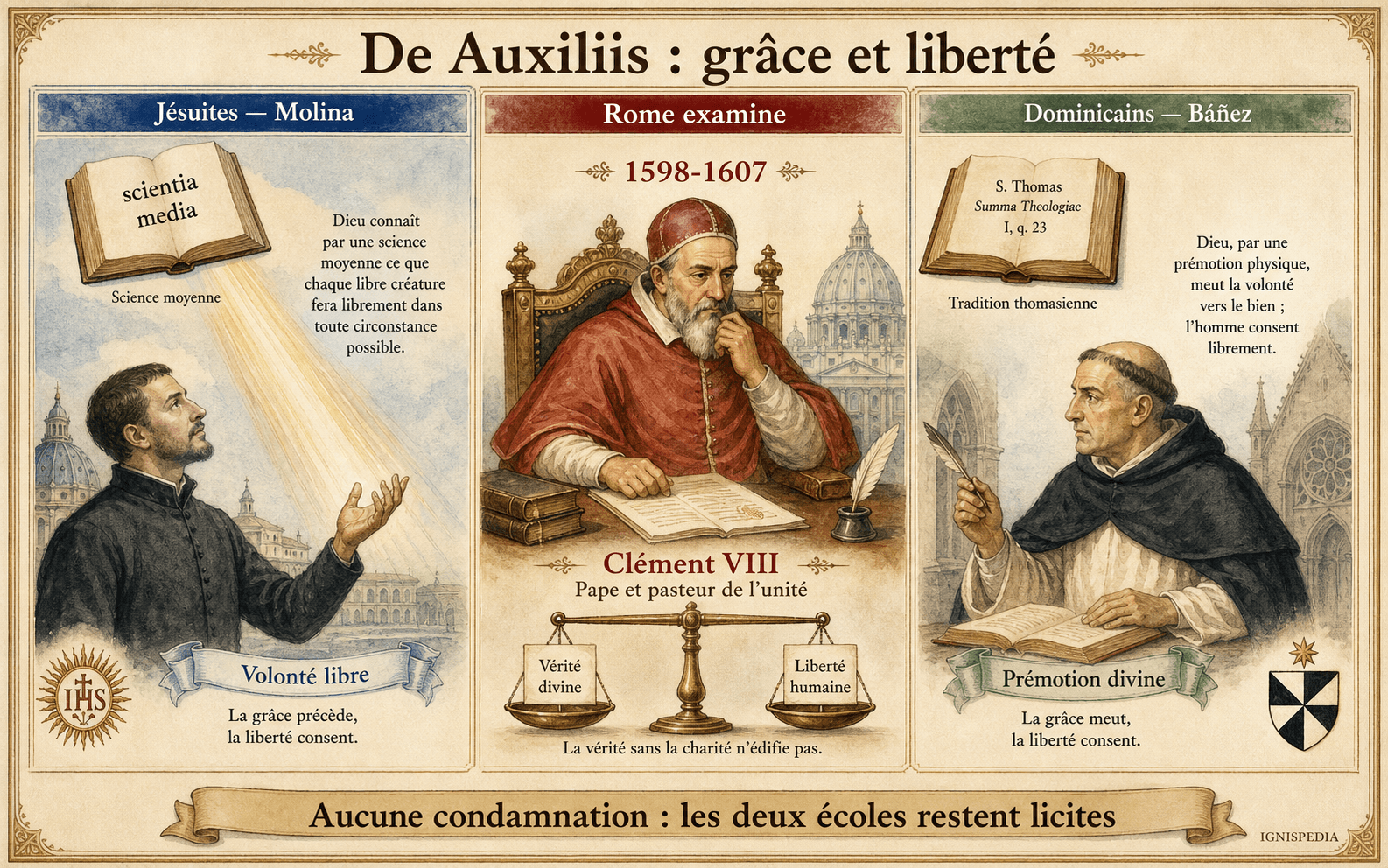 Infographie comparant la position jésuite de Molina (scientia media) et la position dominicaine de Báñez (prémotion physique) sur la grâce