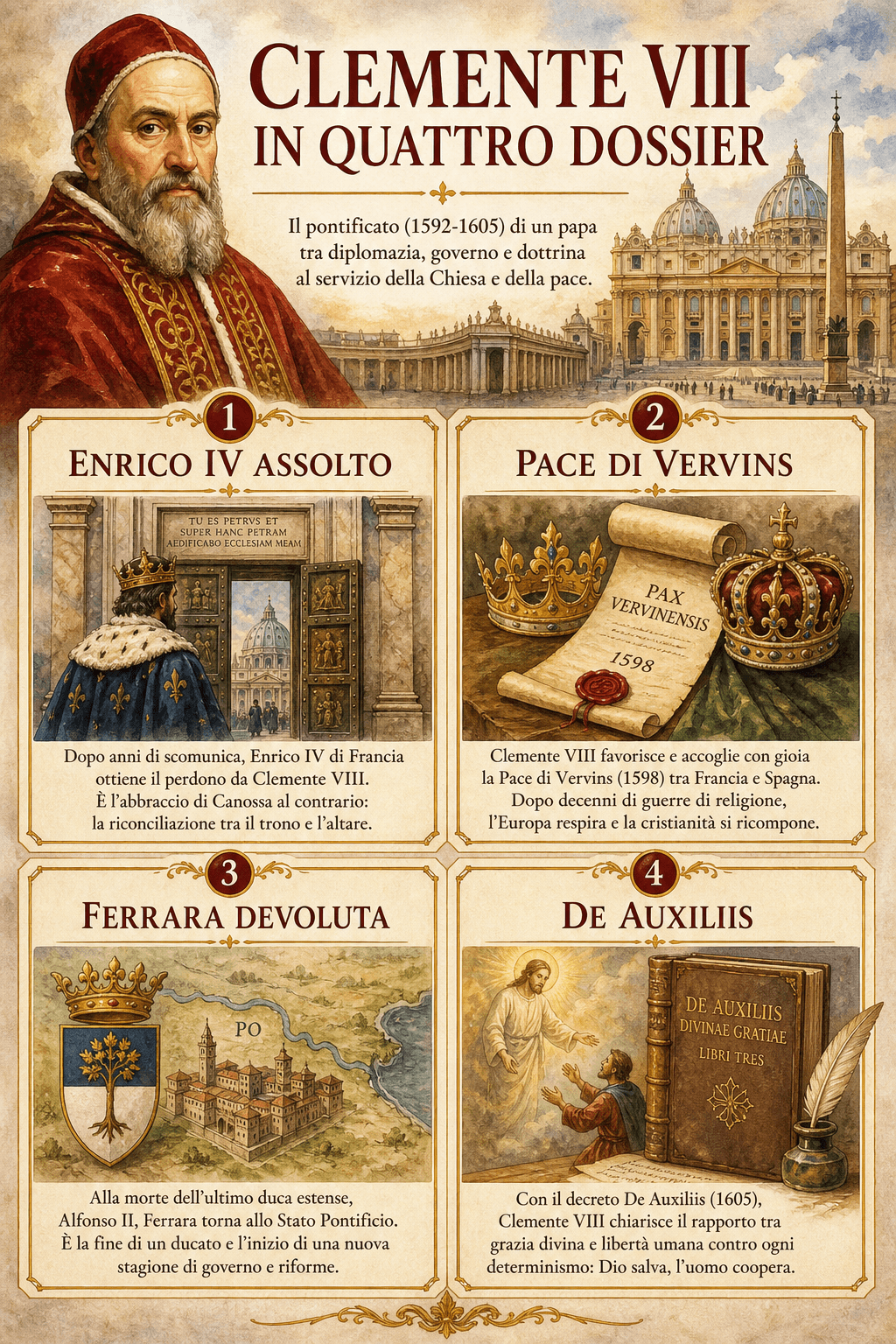 Infografica che presenta i quattro grandi dossier del pontificato di Clemente VIII: assoluzione di Enrico IV, pace di Vervins, devoluzione di Ferrara e controversia De Auxiliis