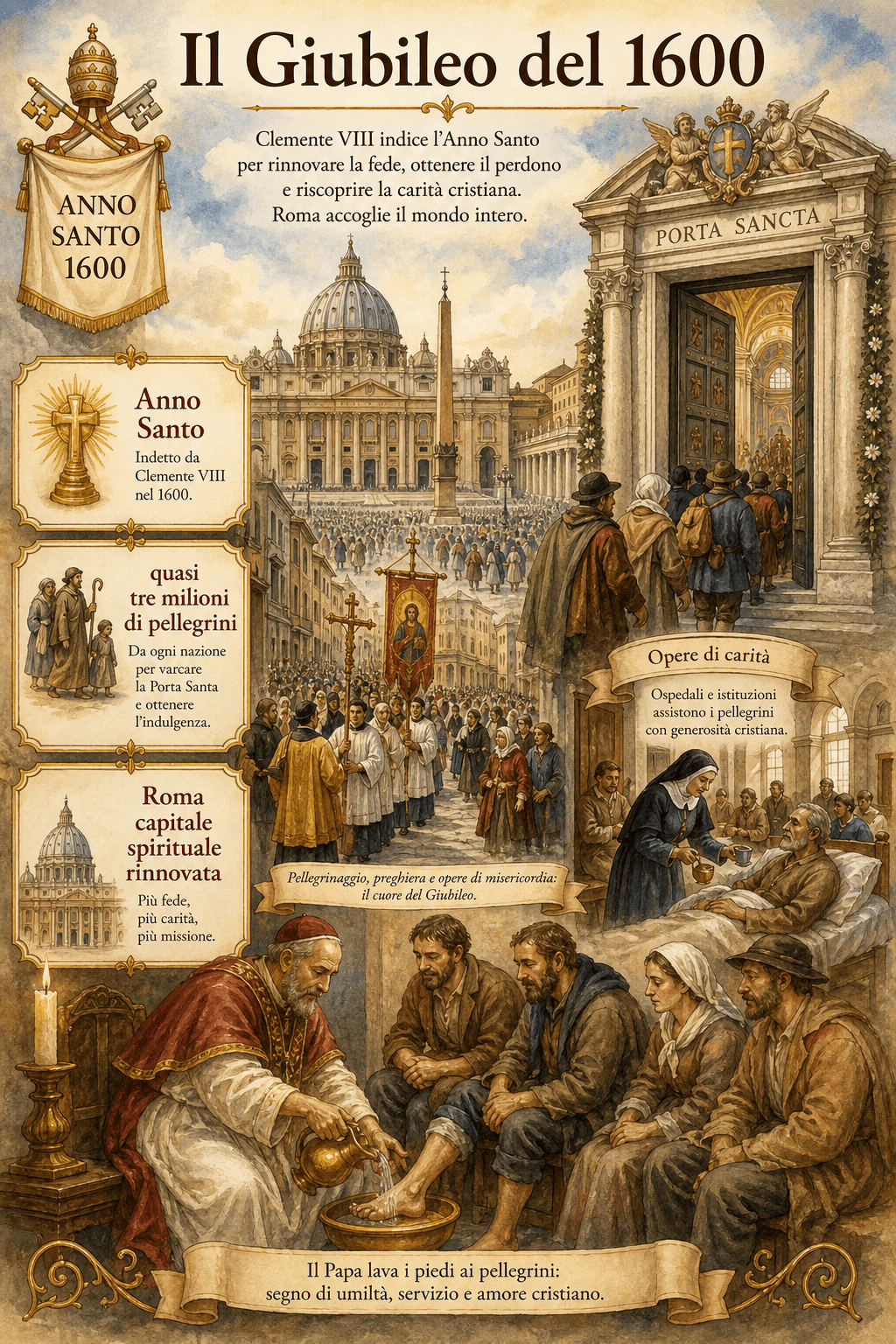 Pellegrini dell'Anno Santo 1600 a Roma davanti alla Porta Santa di San Pietro