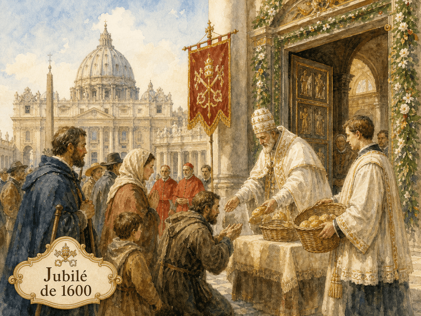 Pèlerins de l'Année sainte 1600 à Rome devant la Porte sainte de Saint-Pierre