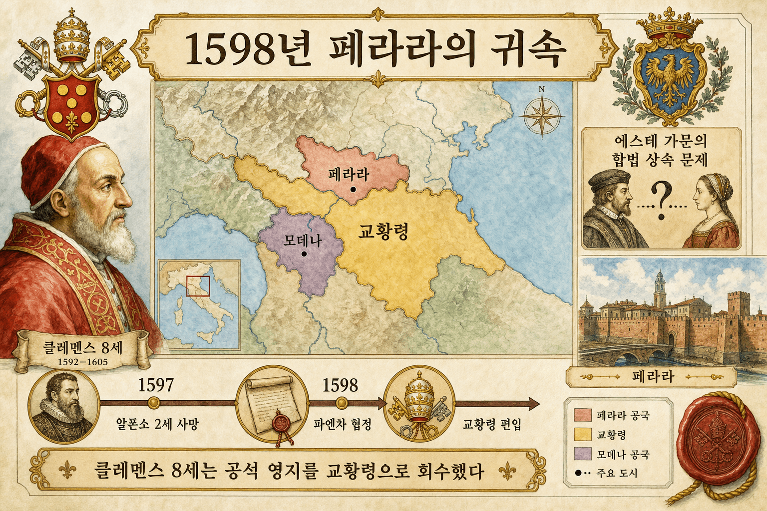 1598년 페라라 공국의 교황령 귀속 지도