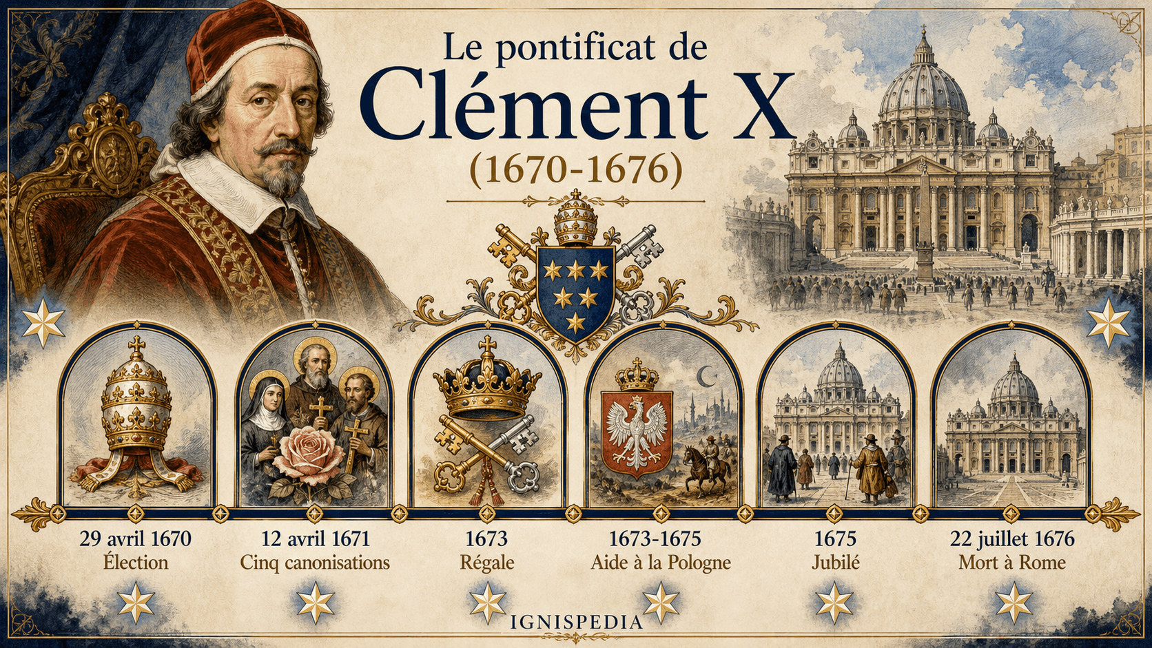 Infographie chronologique en français : les six jalons du pontificat de Clément X, de l'élection de 1670 à la mort de 1676.