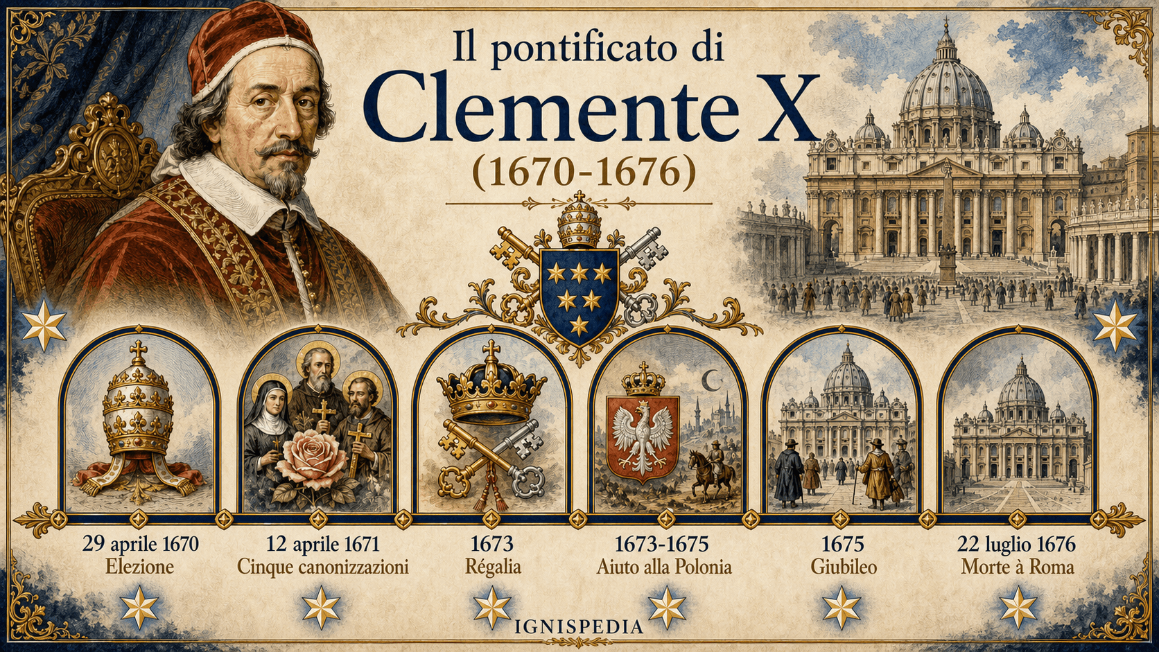 Infografica cronologica in italiano: i sei snodi del pontificato di Clemente X, dall'elezione del 1670 alla morte del 1676.