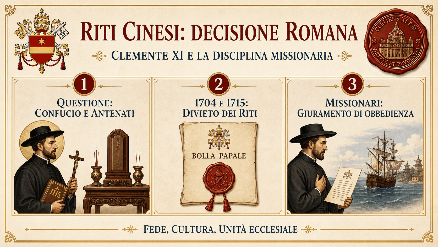 Infografica in tre pannelli sulla decisione romana nella controversia dei riti cinesi: questione, decisione ed effetto missionario