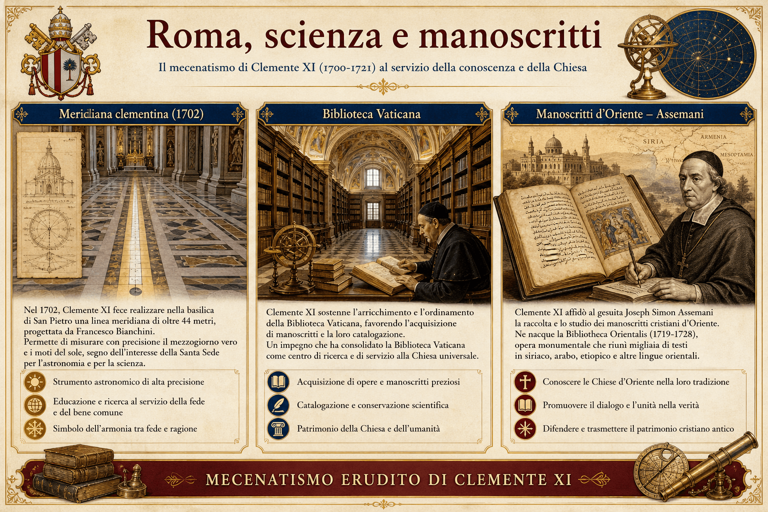 Infografica sul mecenatismo scientifico di Clemente XI: meridiana clementina, Francesco Bianchini, Santa Maria degli Angeli e manoscritti orientali di Assemani