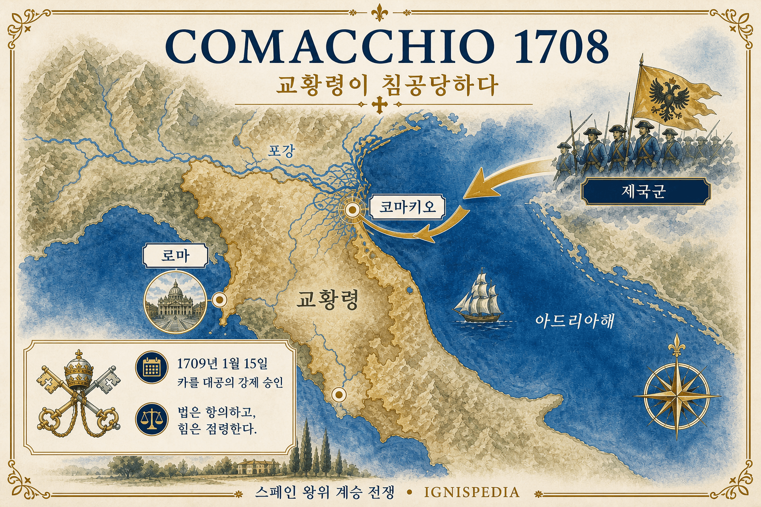 1708년 코마키오, 로마, 아드리아해 및 제국군의 교황령 압박을 보여주는 인포그래픽 지도
