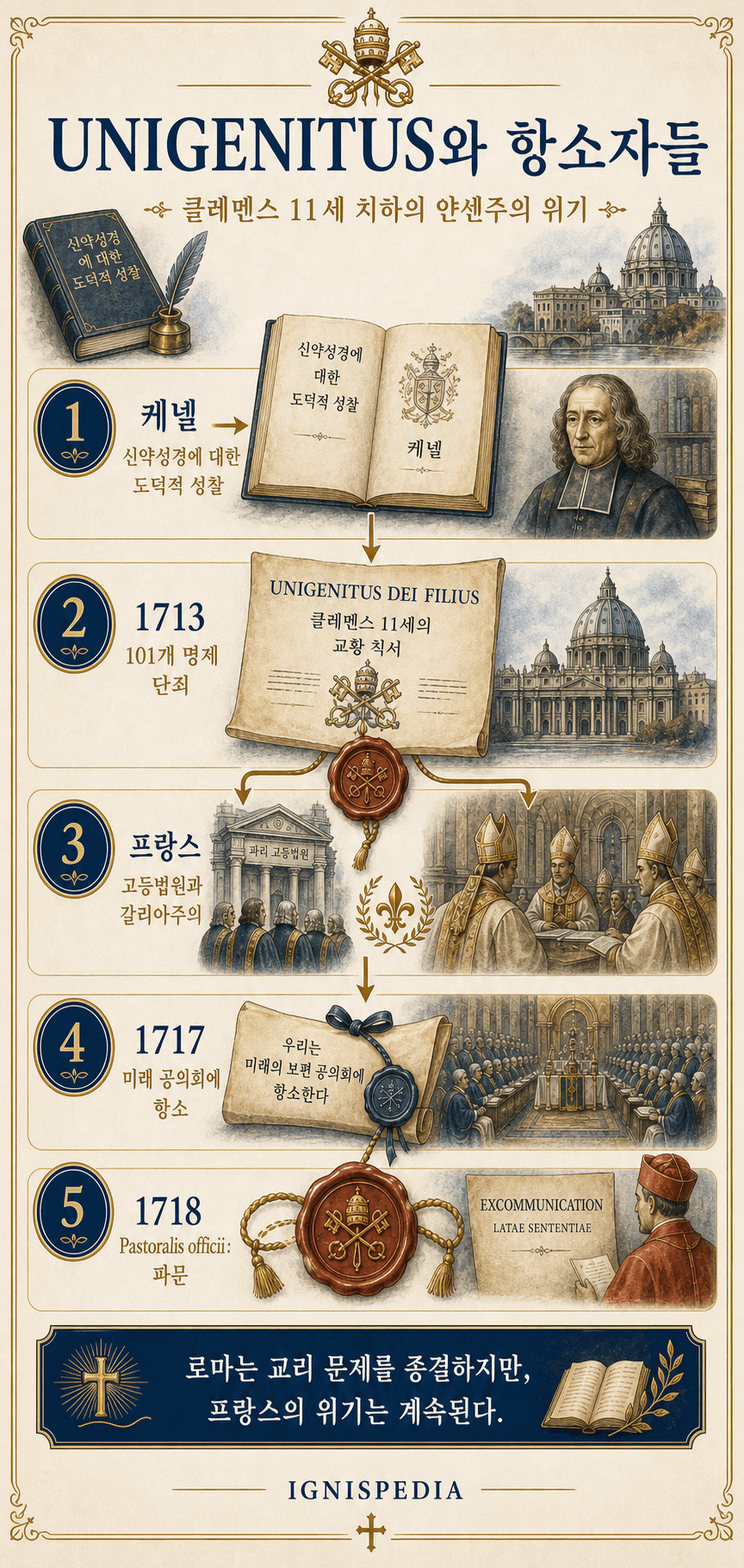 Unigenitus 위기 경로를 설명하는 인포그래픽: 케르넬, 1713년 교황칙서, 의회, 1717년 항소자들, 1718년 파문