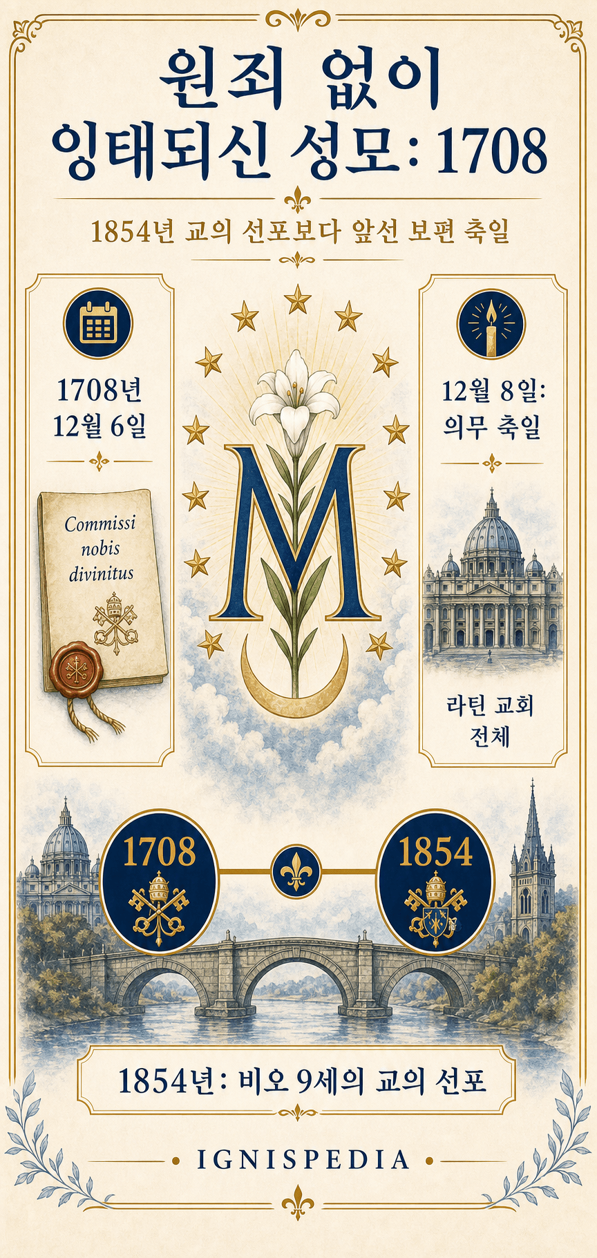 1708년 교황칙서 Commissi nobis divinitus와 1854년 비오 9세의 원죄 없이 잉태되심 교리 정의를 연결한 인포그래픽