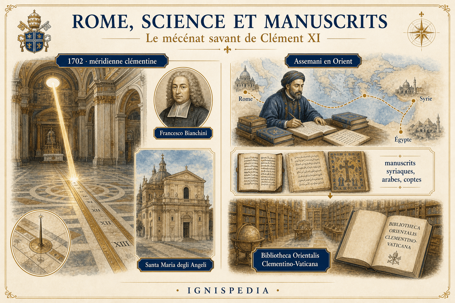 Infographie sur le mécénat savant de Clément XI : méridienne clémentine, Francesco Bianchini, Santa Maria degli Angeli et manuscrits orientaux d'Assemani