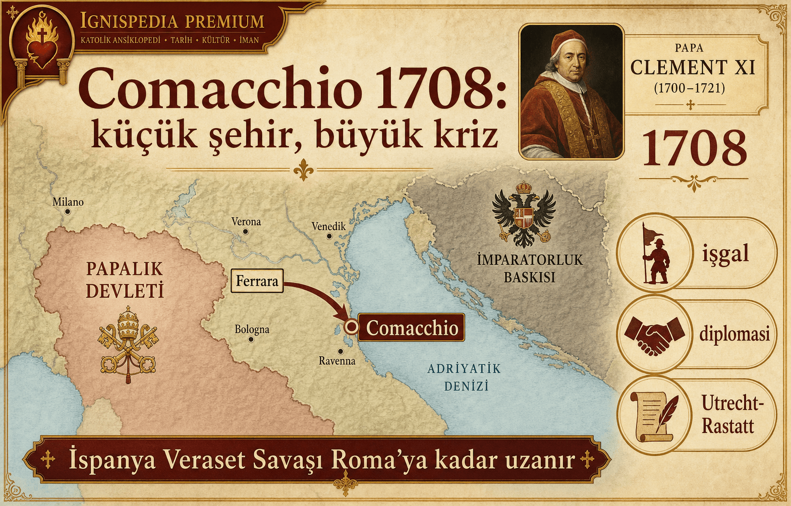 Comacchio, Roma, Adriyatik ve 1708’de Papalık Devletleri üzerindeki imparatorluk askerlerinin baskısını gösteren infografik harita