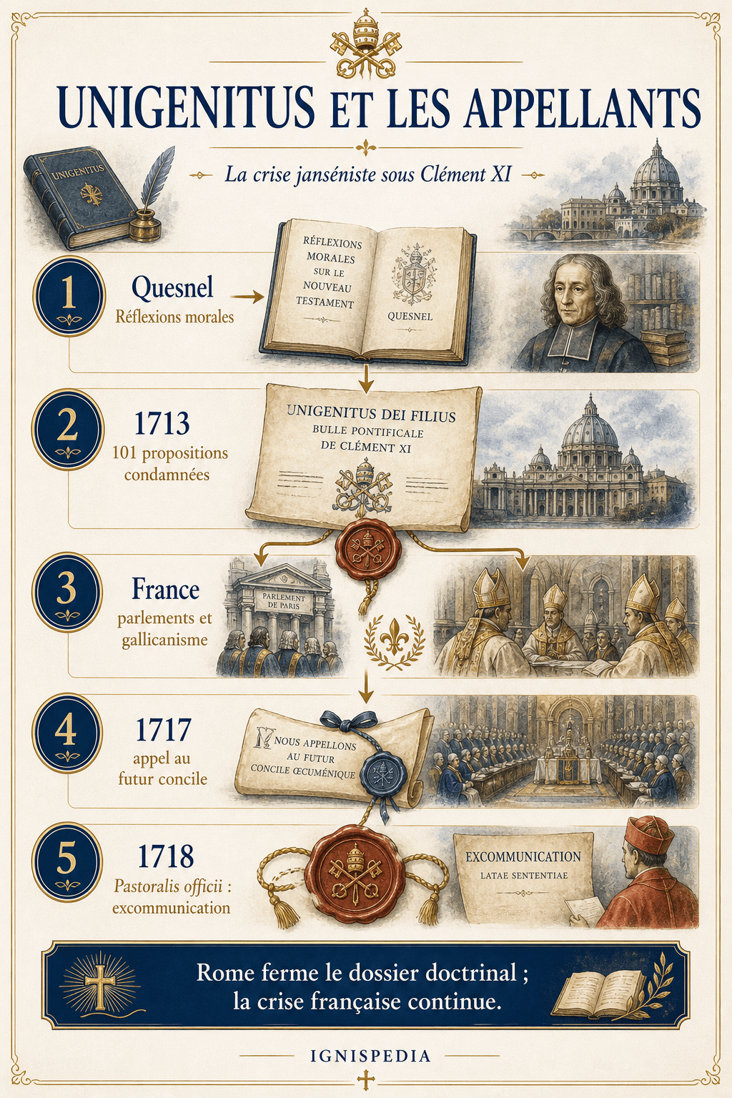 Infographie expliquant le chemin de la crise Unigenitus : Quesnel, la bulle de 1713, les parlements, les appellants de 1717 et l'excommunication de 1718