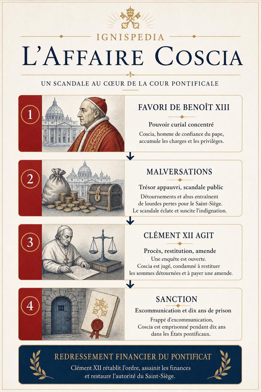 Infographie expliquant l'affaire Coscia : favori vénal de Benoît XIII, ruine du Trésor, procès sous Clément XII, amende, excommunication et dix ans de prison