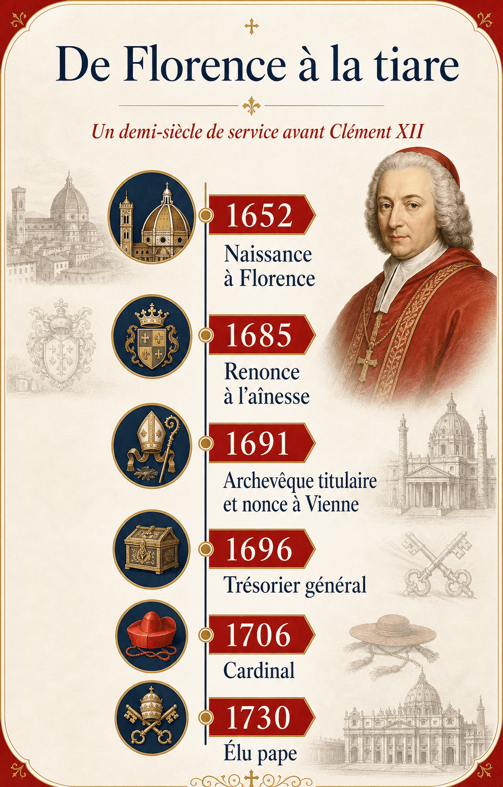 Infographie de la carrière de Lorenzo Corsini avant son élection : nonce à Vienne, trésorier général de la Chambre apostolique, cardinal, cardinal-évêque de Frascati