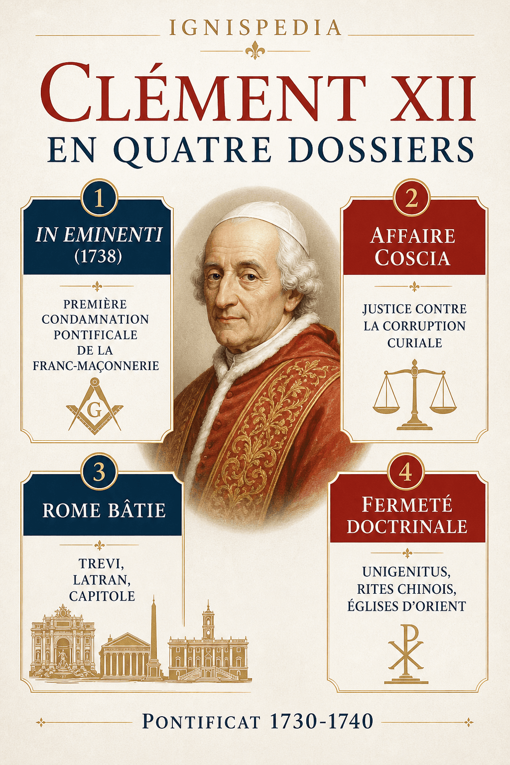 Infographie présentant les quatre grands dossiers du pontificat de Clément XII : condamnation de la franc-maçonnerie, redressement après le scandale Coscia, grands chantiers romains et fermeté doctrinale