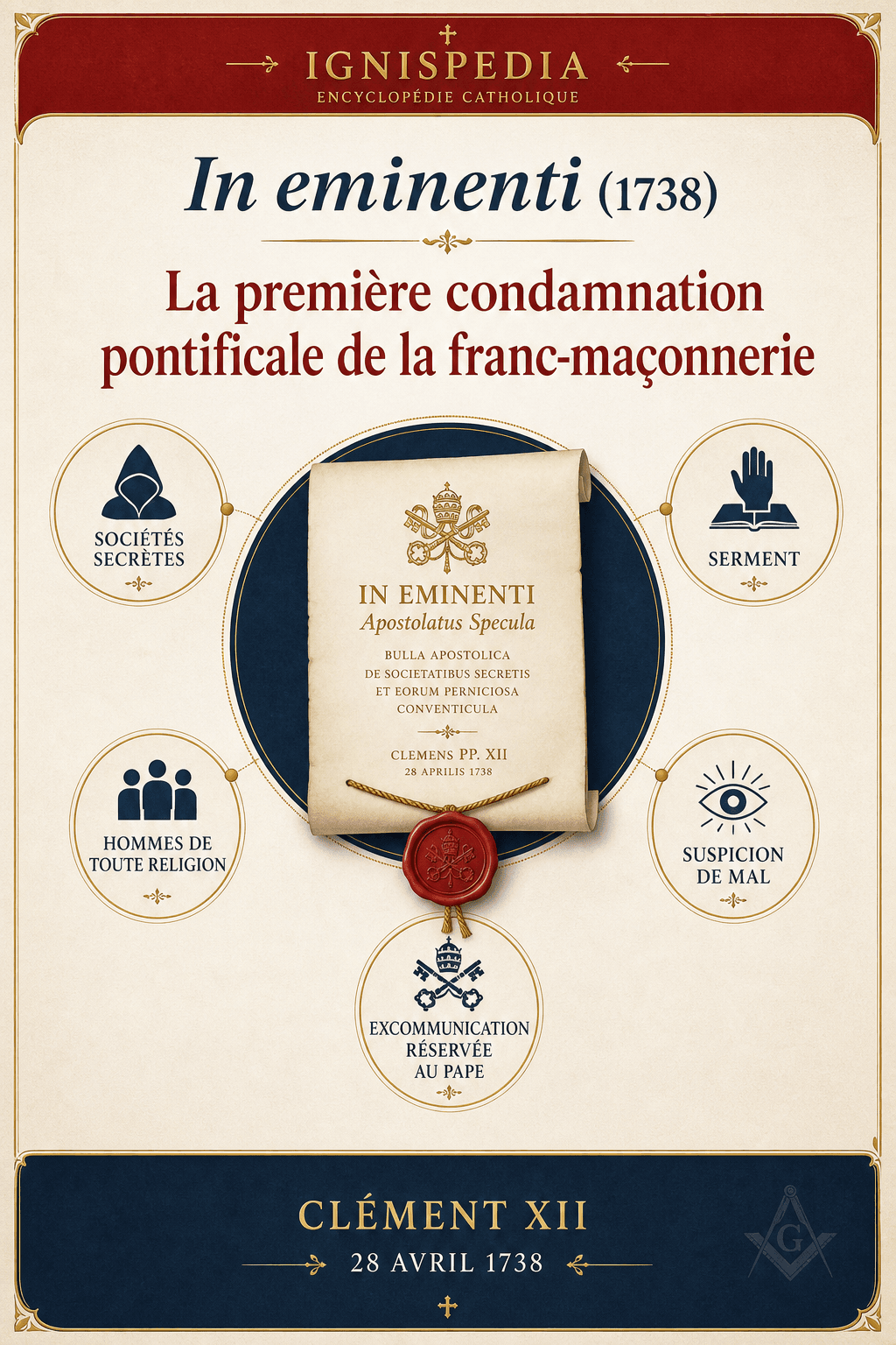 Infographie expliquant la bulle In eminenti apostolatus specula de 1738 : motifs de la condamnation de la franc-maçonnerie (secret, serment, hommes de toute religion, excommunication réservée au pape)