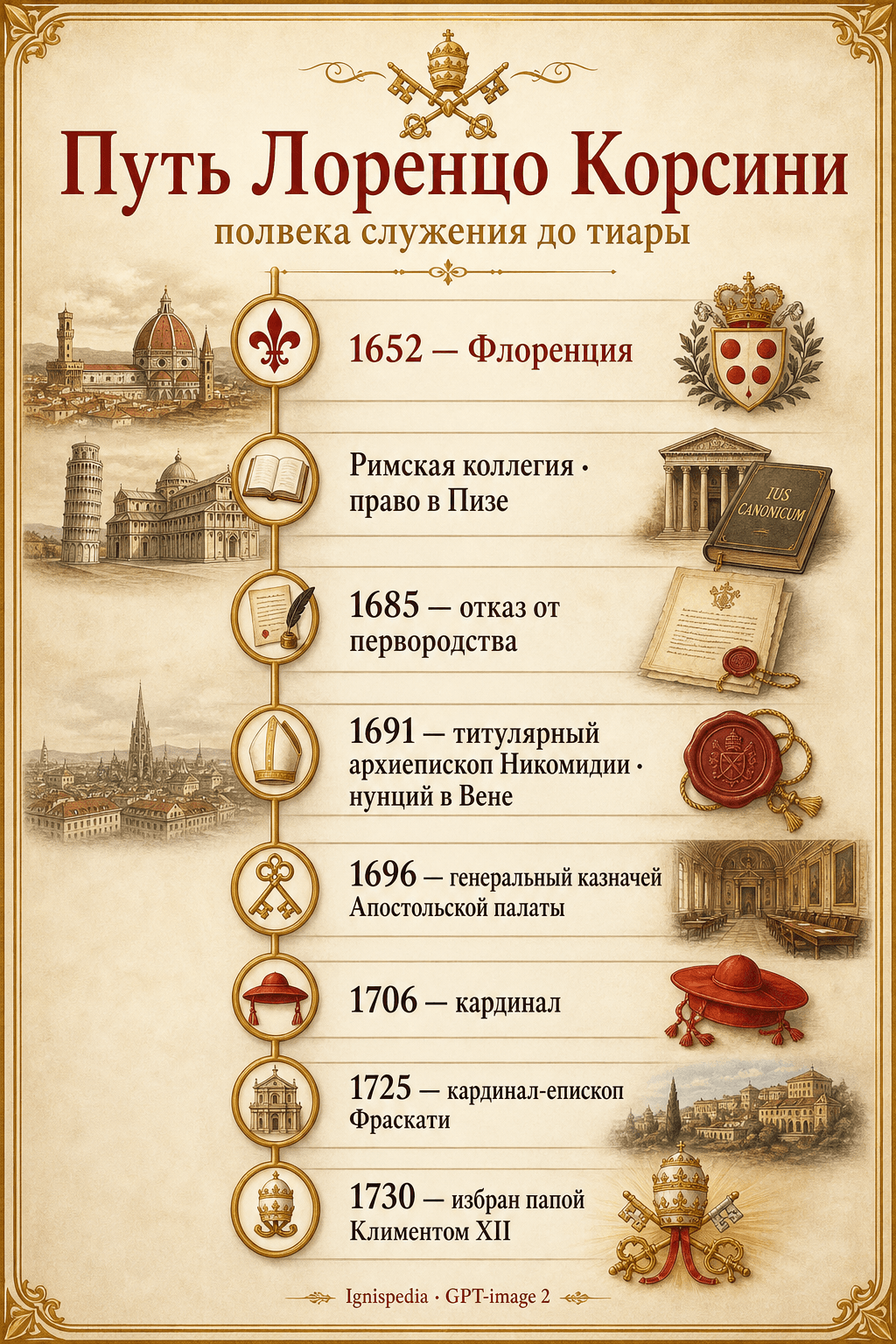 Инфографика карьеры Лоренцо Корсини до избрания: нунций в Вене, генеральный казначей Апостольской палаты, кардинал, кардинал-епископ Фраскати