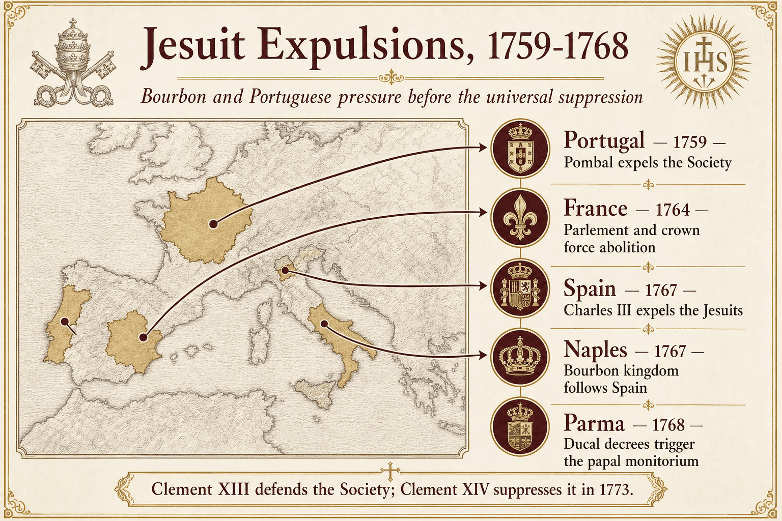 Map and chronology of the expulsions of the Jesuits from Bourbon and Portuguese territories between 1759 and 1768
