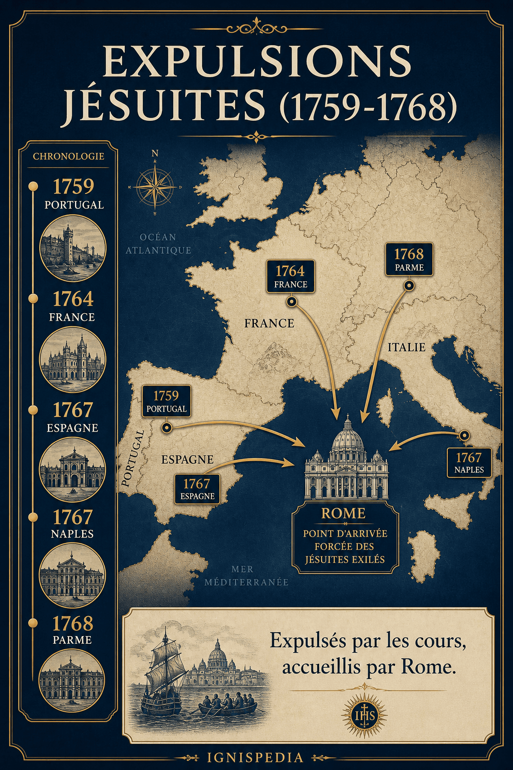 Carte et chronologie des expulsions des jésuites des royaumes bourboniens entre 1759 et 1768
