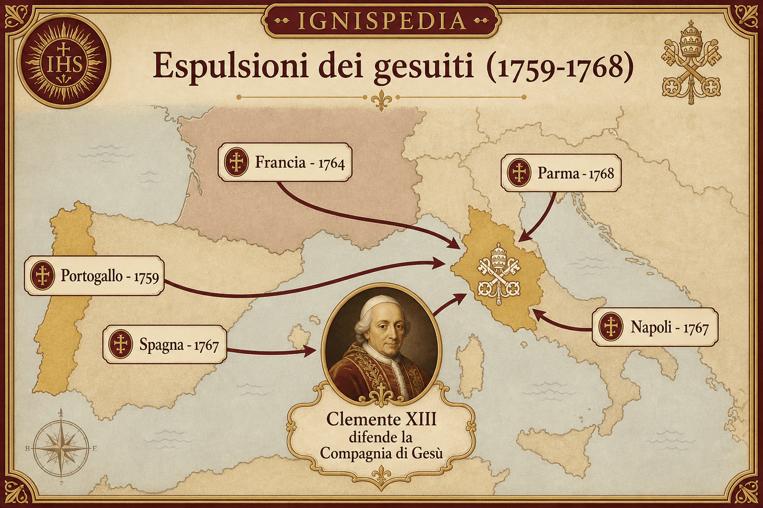 Mappa e cronologia delle espulsioni dei gesuiti dai regni borbonici e portoghesi tra 1759 e 1768