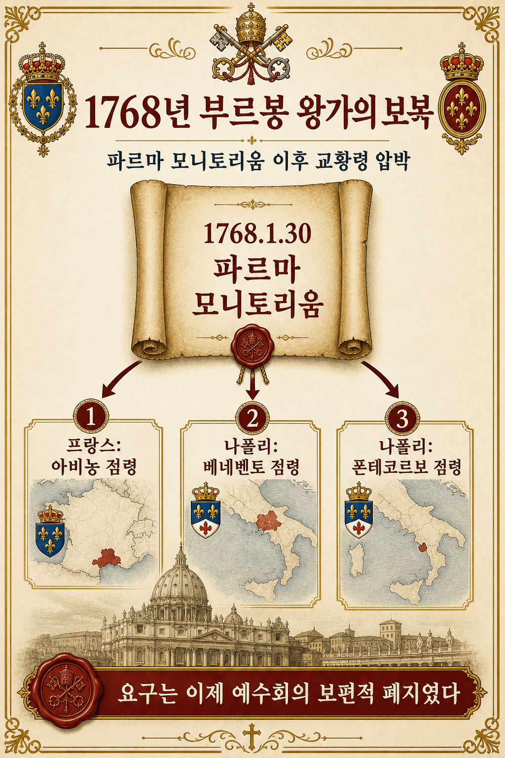 1768년 파르마 모니토리움 이후 교황령을 상대로 이루어진 부르봉 왕가의 보복을 보여 주는 한국어 인포그래픽