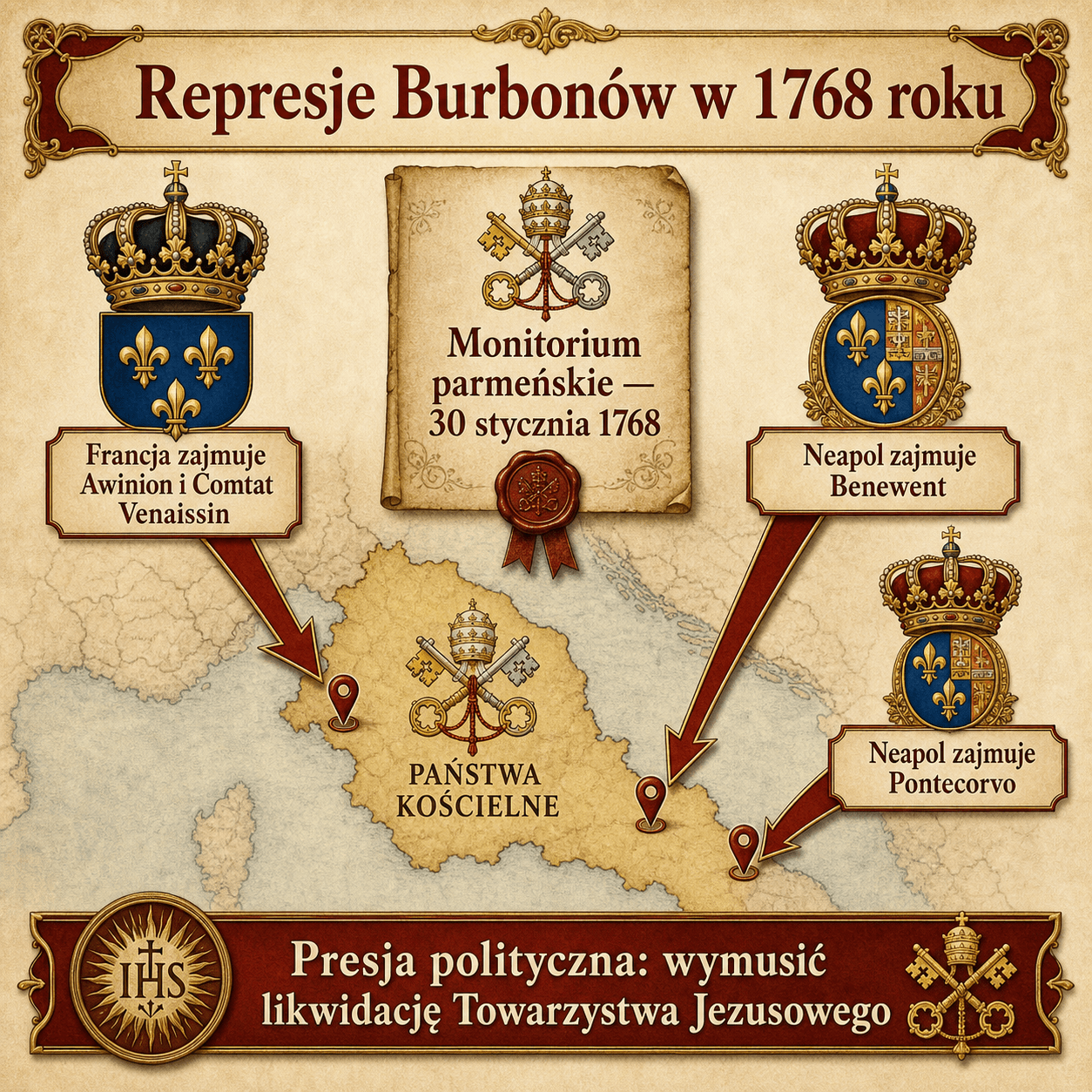 Schemat represji burbońskich z 1768 roku przeciw terytoriom papieskim po monitorium parmeńskim
