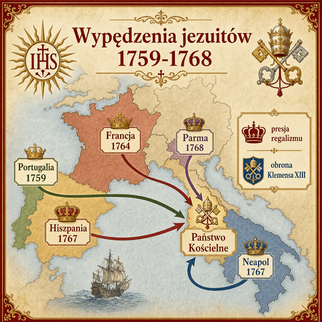 Mapa i chronologia wypędzeń jezuitów z terytoriów burbońskich i portugalskich między 1759 a 1768 rokiem