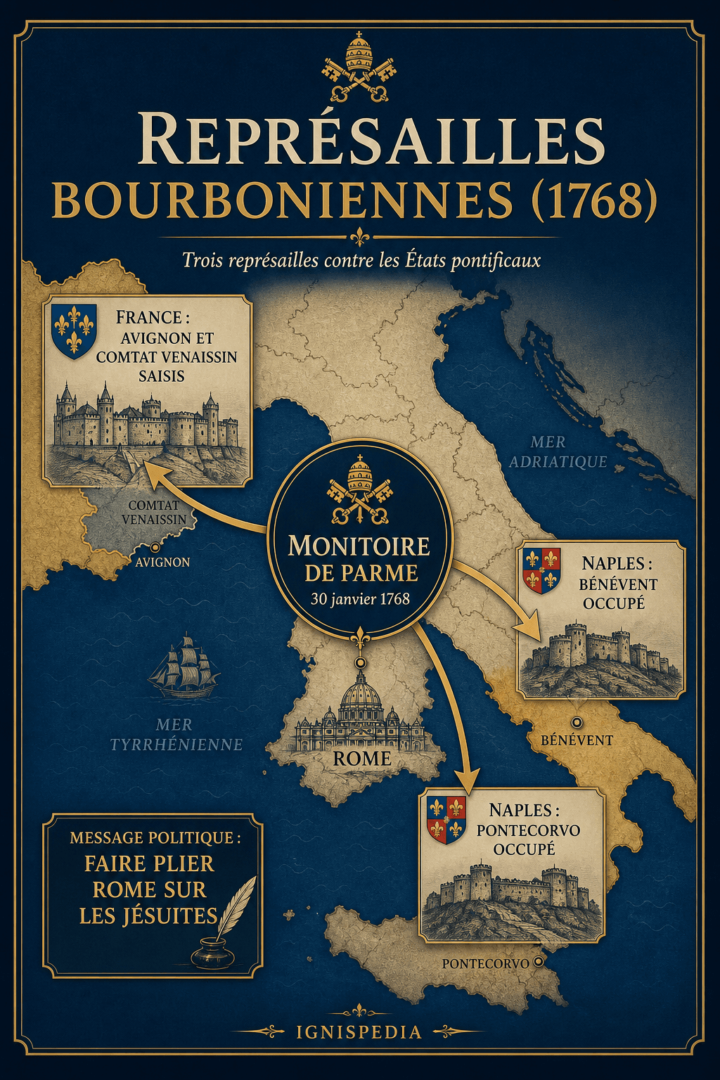 Schéma des représailles bourboniennes de 1768 contre les territoires pontificaux après le monitoire de Parme