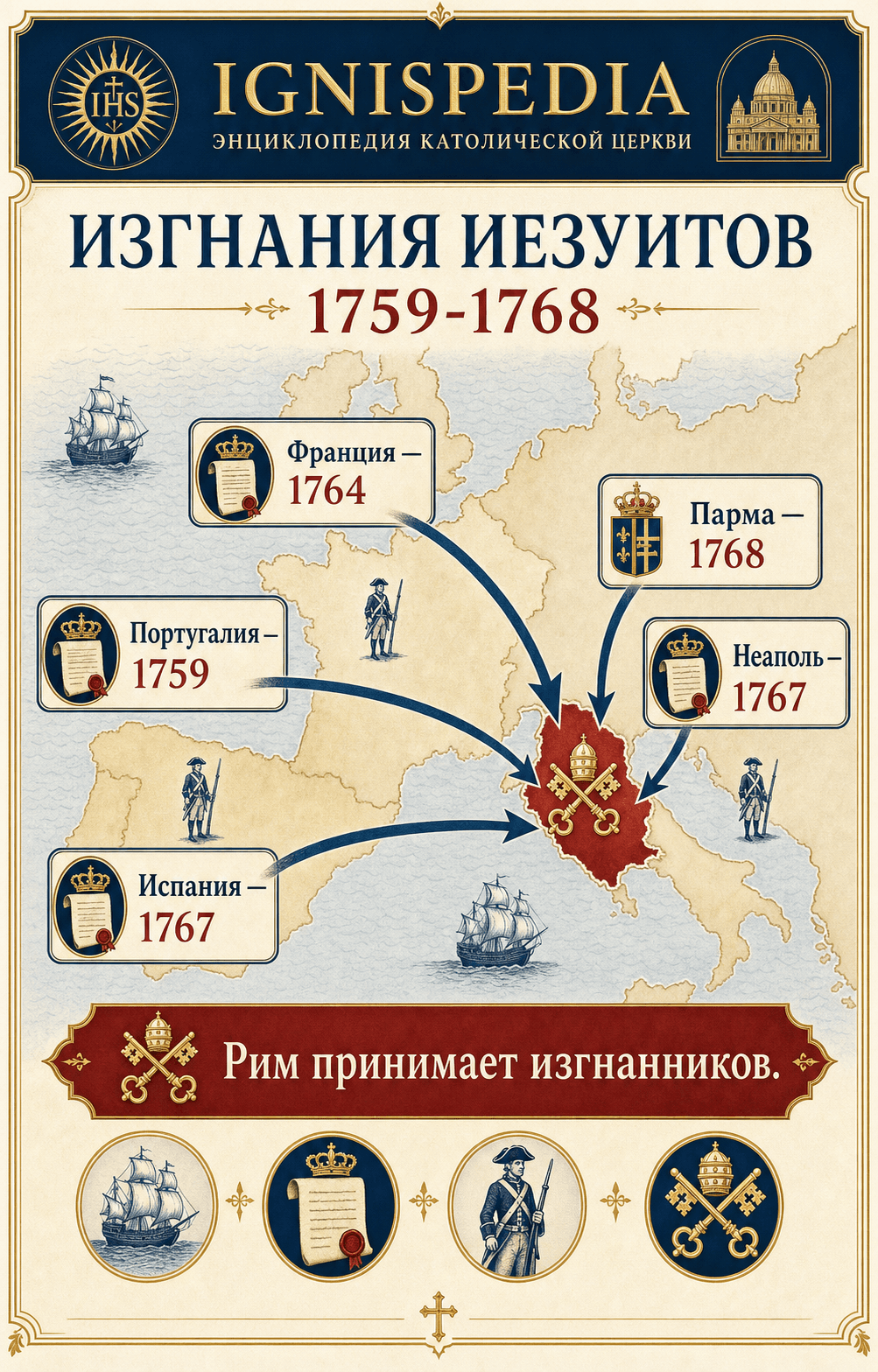 Карта и хронология изгнаний иезуитов из бурбонских и португальских владений между 1759 и 1768 годами