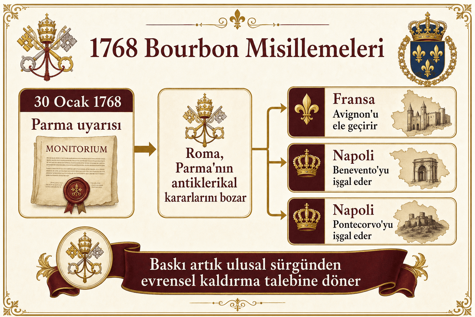 Parma monitoryumundan sonra 1768'de papalık topraklarına karşı Bourbon misillemelerini gösteren Türkçe şema