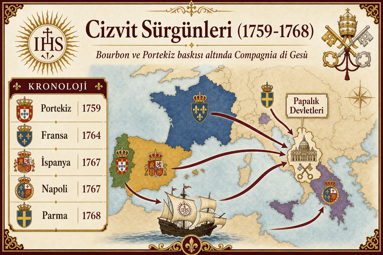 1759 ile 1768 arasında Bourbon ve Portekiz topraklarından Cizvit sürgünlerini gösteren Türkçe harita ve kronoloji
