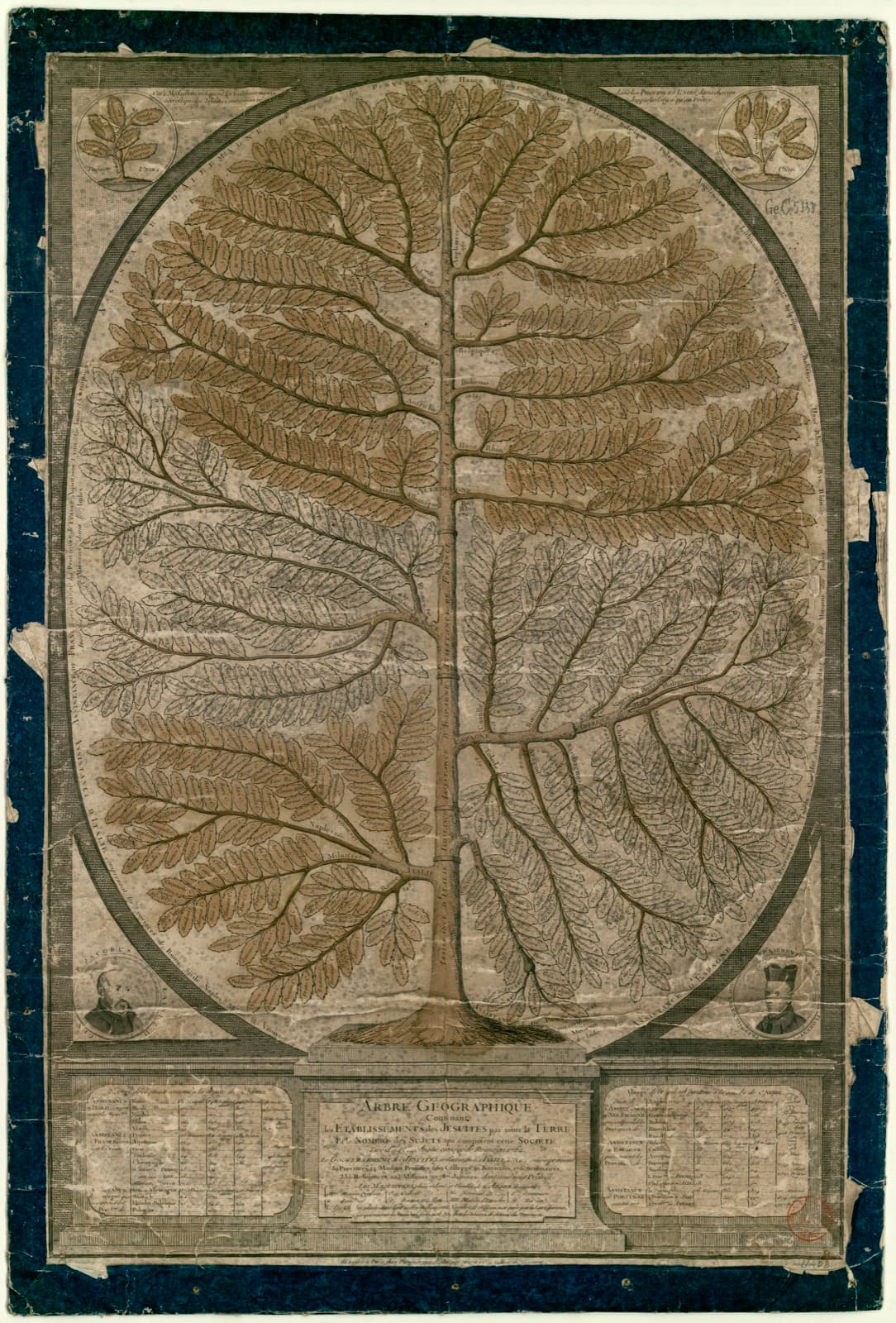 Fac-similé d'un arbre géographique français de 1762-1767 décrivant les établissements jésuites dans le monde et les effectifs de la Compagnie de Jésus avant la suppression.