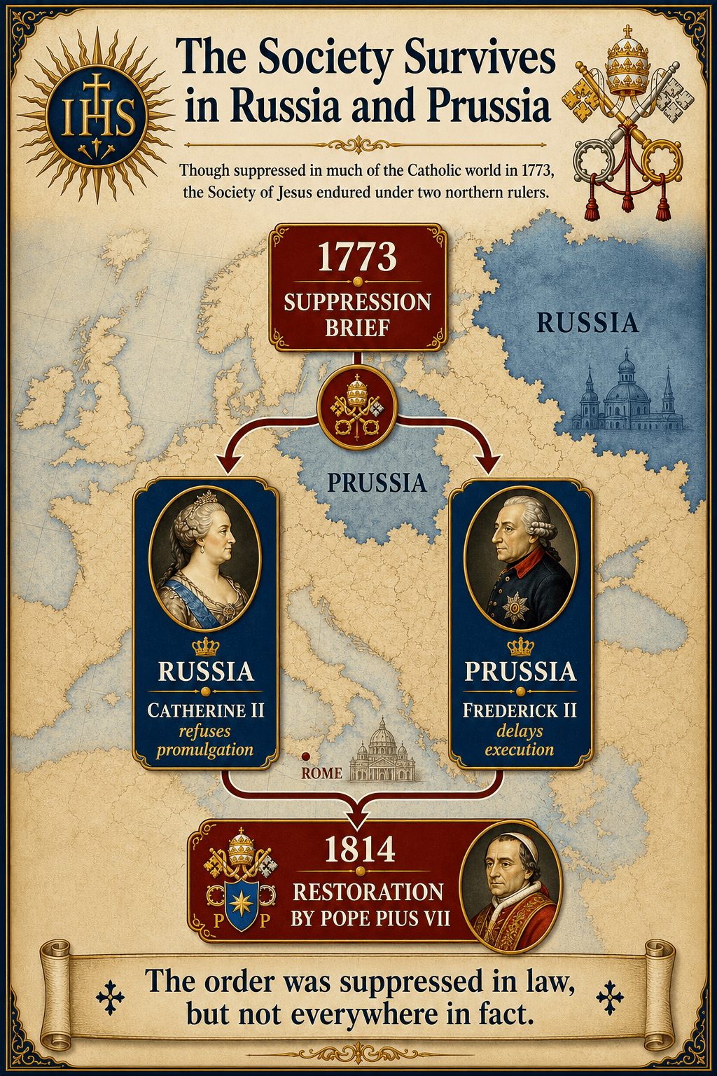 Ignispedia infographic showing the survival of the Society of Jesus in Prussia and Russia after 1773, because the papal brief was not promulgated there, until restoration by Pius VII in 1814.