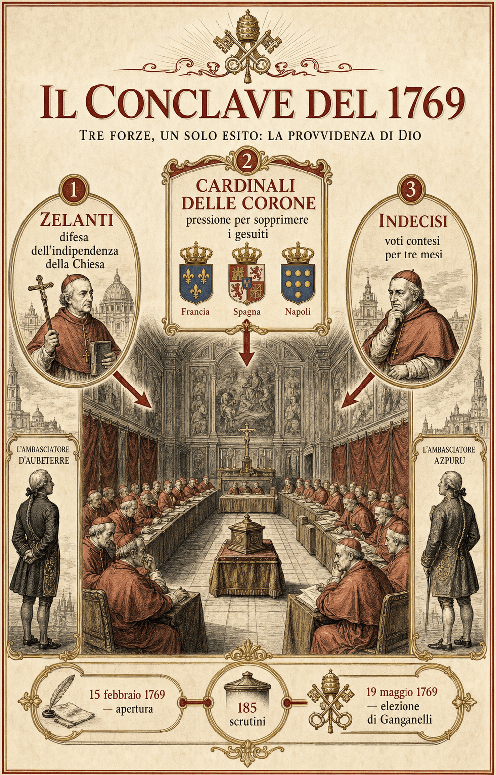 Infografica Ignispedia sul conclave del 1769: i cardinali zelanti favorevoli ai gesuiti, i cardinali delle corone di Francia, Spagna e Napoli che chiedono la soppressione, e gli indecisi sotto pressione diplomatica.